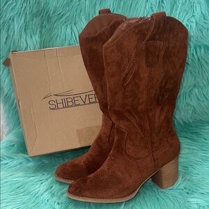 SHIBEVER Cowboy Boots For Women 2025: Brown Mid Calf Western Suede Zipper Size 9
